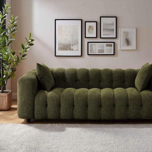Modern Tufted Bouclé Sofa – Luxury Square Arm Chesterfield Style 3 Seater