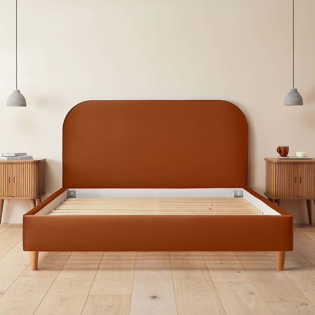 Terracotta Fabric Bed Frame ( with side tables )