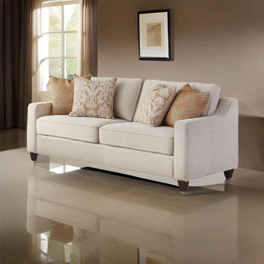 Modern Beige Fabric 3-Seater Sofa with Cushioned Seats & Wooden Legs