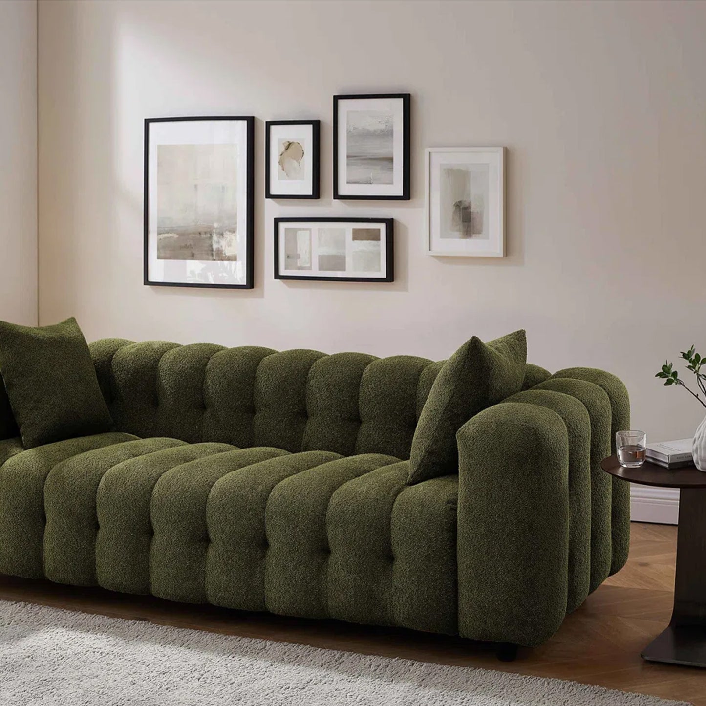 Modern Tufted Bouclé Sofa – Luxury Square Arm Chesterfield Style 3 Seater