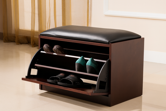 Leather-Top Shoe Storage Bench with Flip Shelves