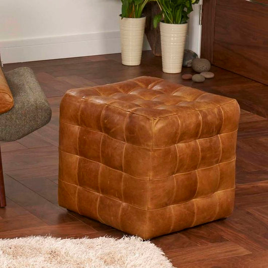 Cube Tufted Leather Pouf