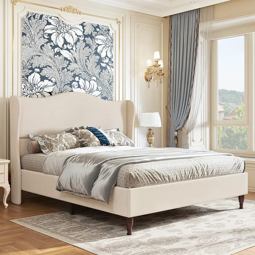 Classic Wingback Upholstered Bed ( with side tables )
