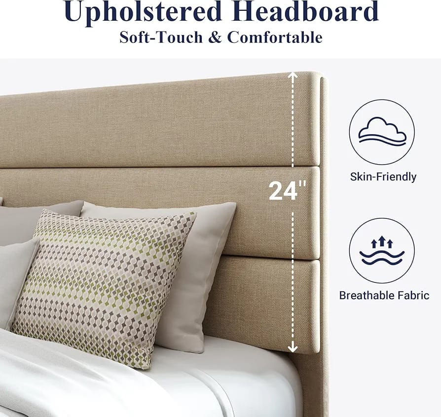 Modern Panel Fabric Bed with side tables