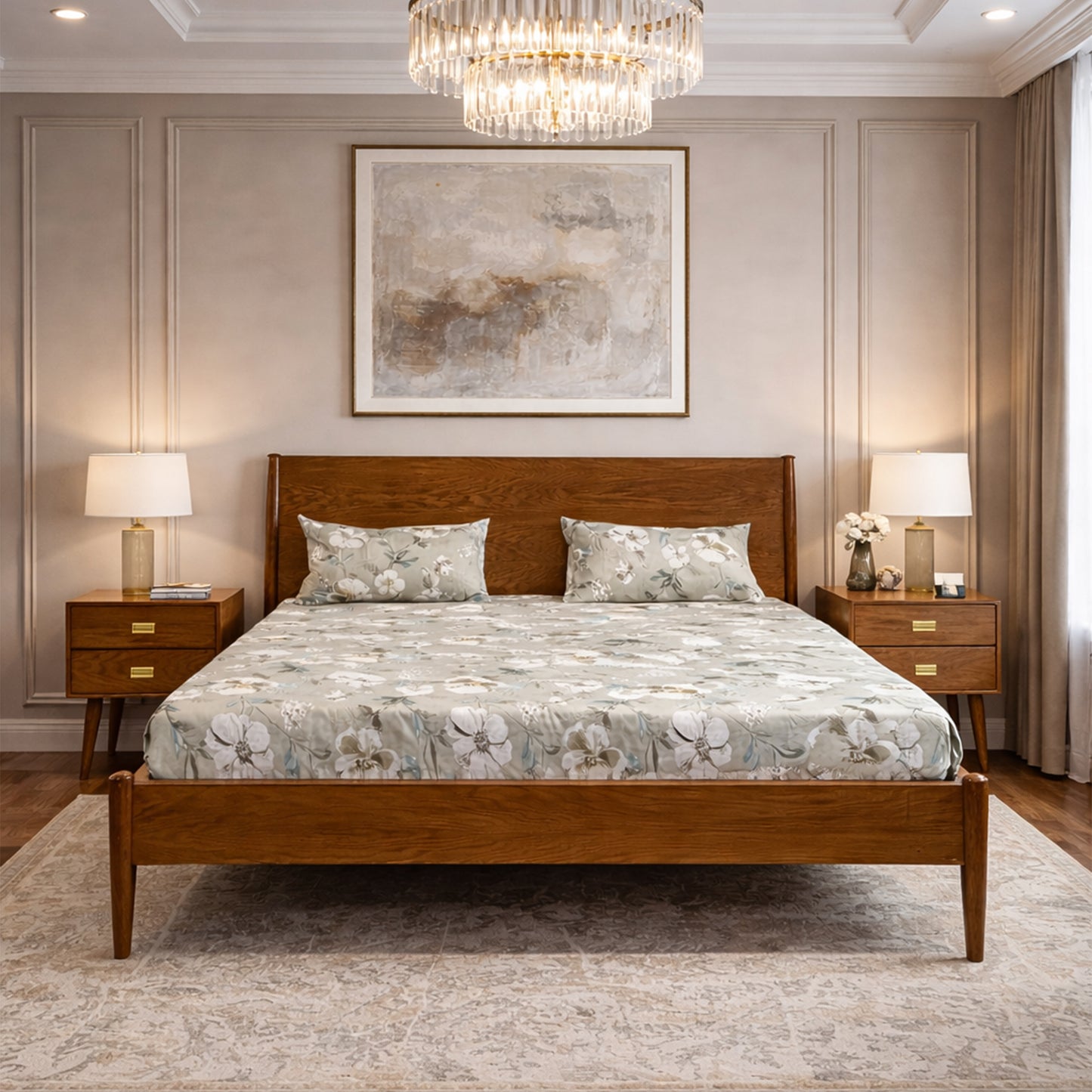 Pure Wooden Bed Set with Side Tables & Dressing Table