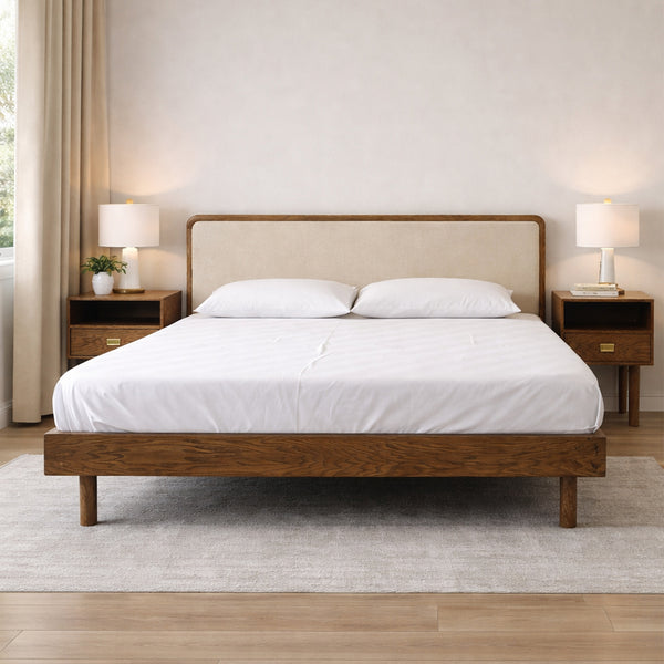 Solid Wood Upholstered Bed Frame With Side table