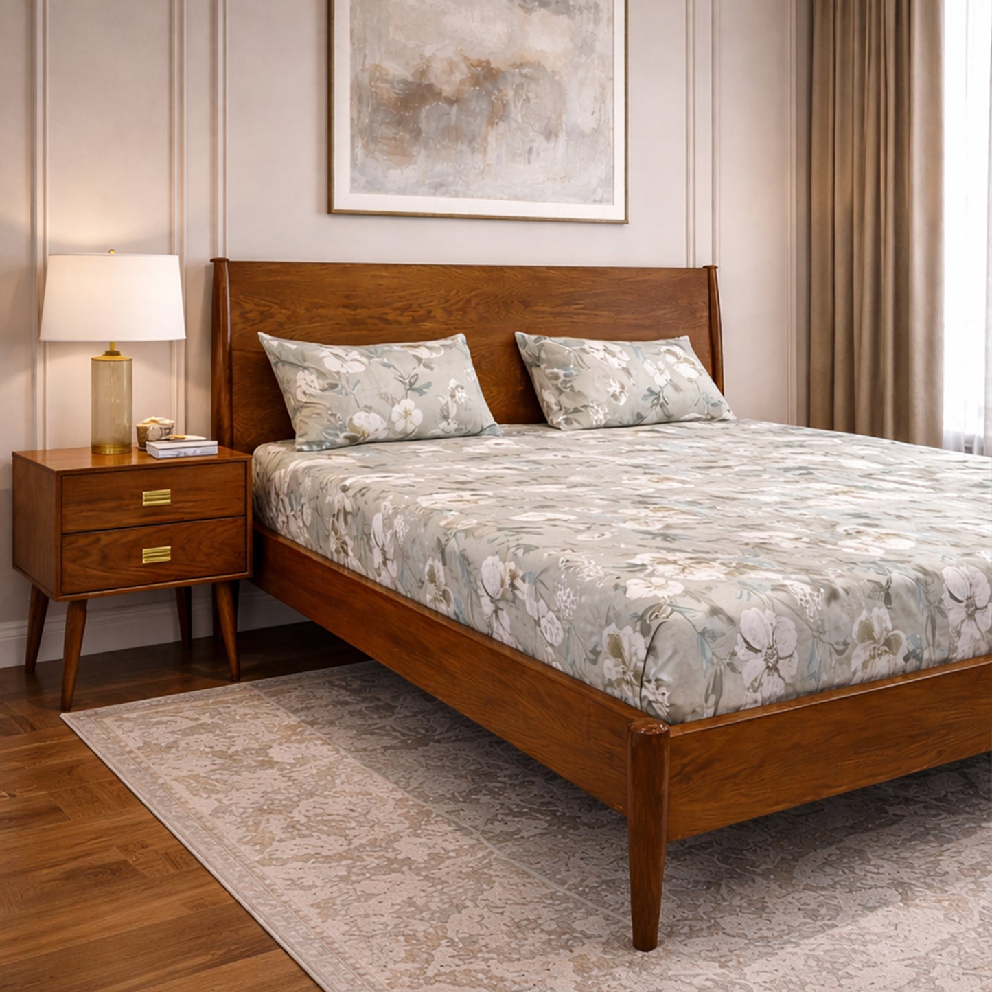 Pure Wooden Bed Set with Side Tables & Dressing Table