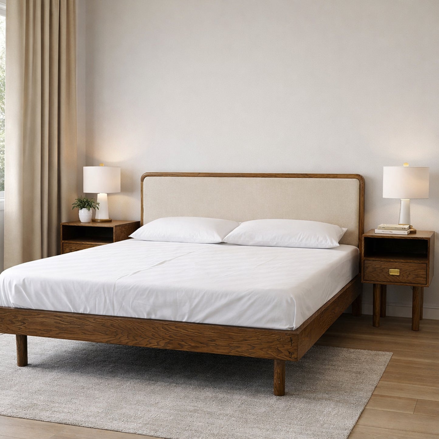 Solid Wood Upholstered Bed Frame With Side table